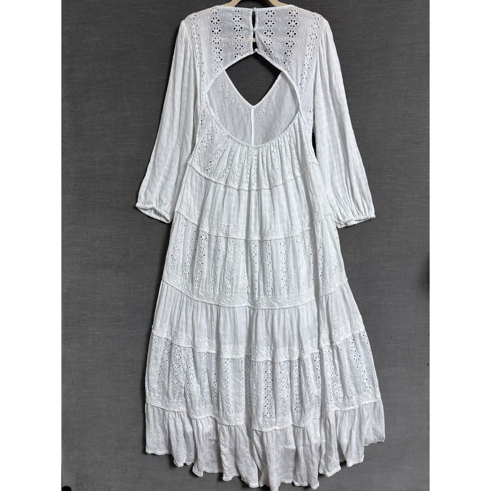 Free People Dress M White Eyelet Tiered Midi Boho Balloon Open Back Festival - Picture 5 of 13